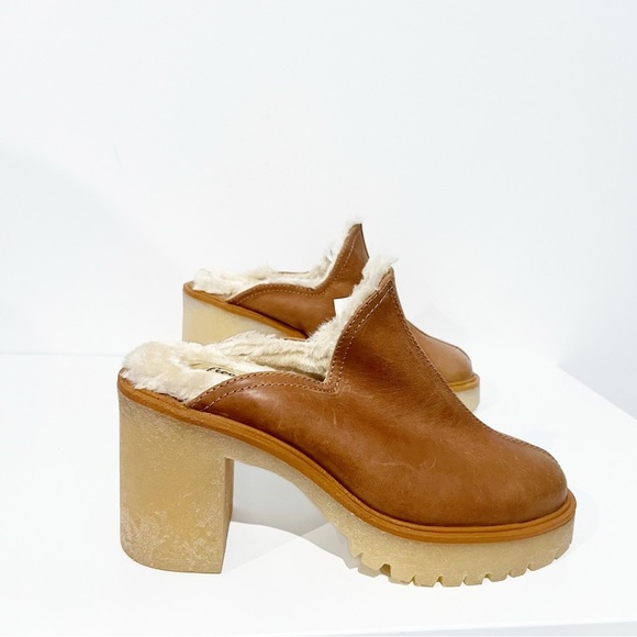 Free People James Cozy Mule Faux Fur Cognac Leather Chunky Platform Sole 39.5 - Picture 5 of 14